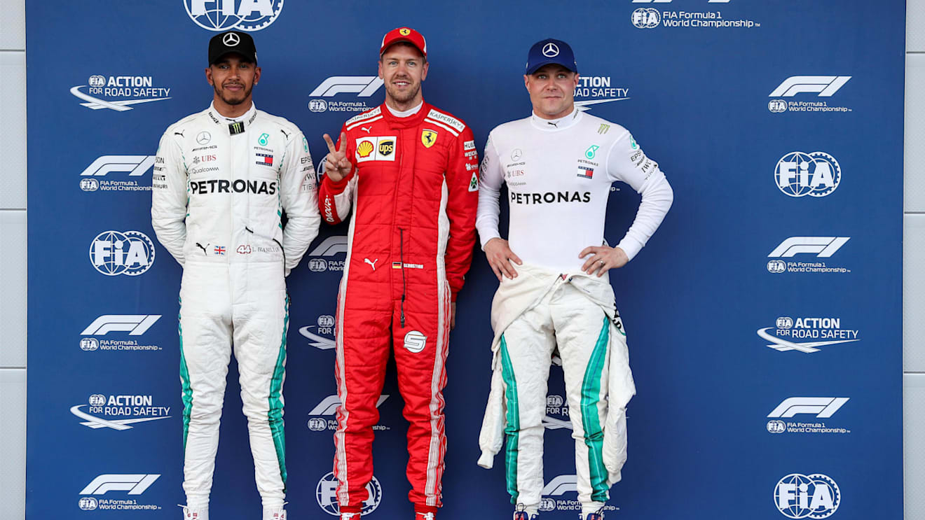 Lewis Hamilton (GBR) Mercedes-AMG F1, Sebastian Vettel (GER) Ferrari and Valtteri Bottas (FIN) Mercedes-AMG F1 in parc ferme at Formula One World Championship, Rd4, Azerbaijan Grand Prix, Qualifying, Baku City Circuit, Baku, Azerbaijan, Saturday 28 April 2018. © James Gasperotti/Sutton Images