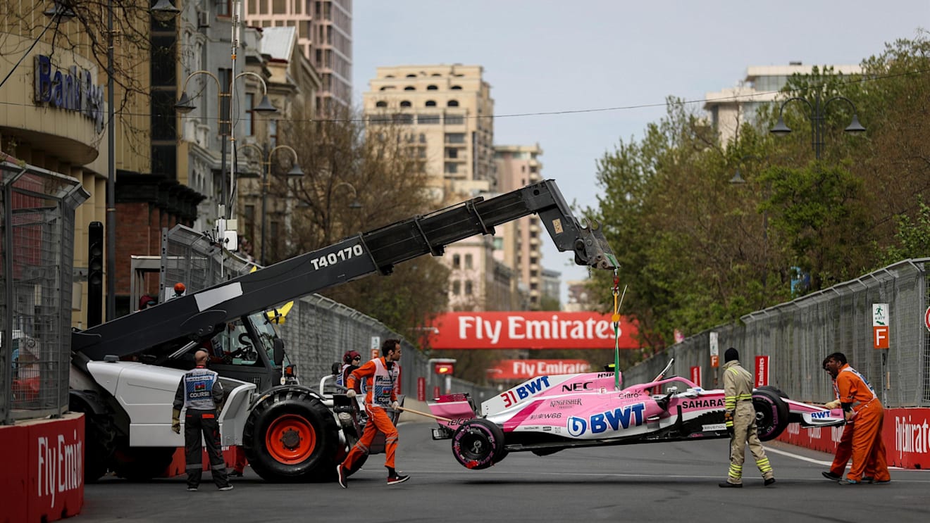 The crashed car of Esteban Ocon (FRA) Force India VJM11 is recovered at Formula One World Championship, Rd4, Azerbaijan Grand Prix, Race, Baku City Circuit, Baku, Azerbaijan, Sunday 29 April 2018. © James Gasperotti/Sutton Images
