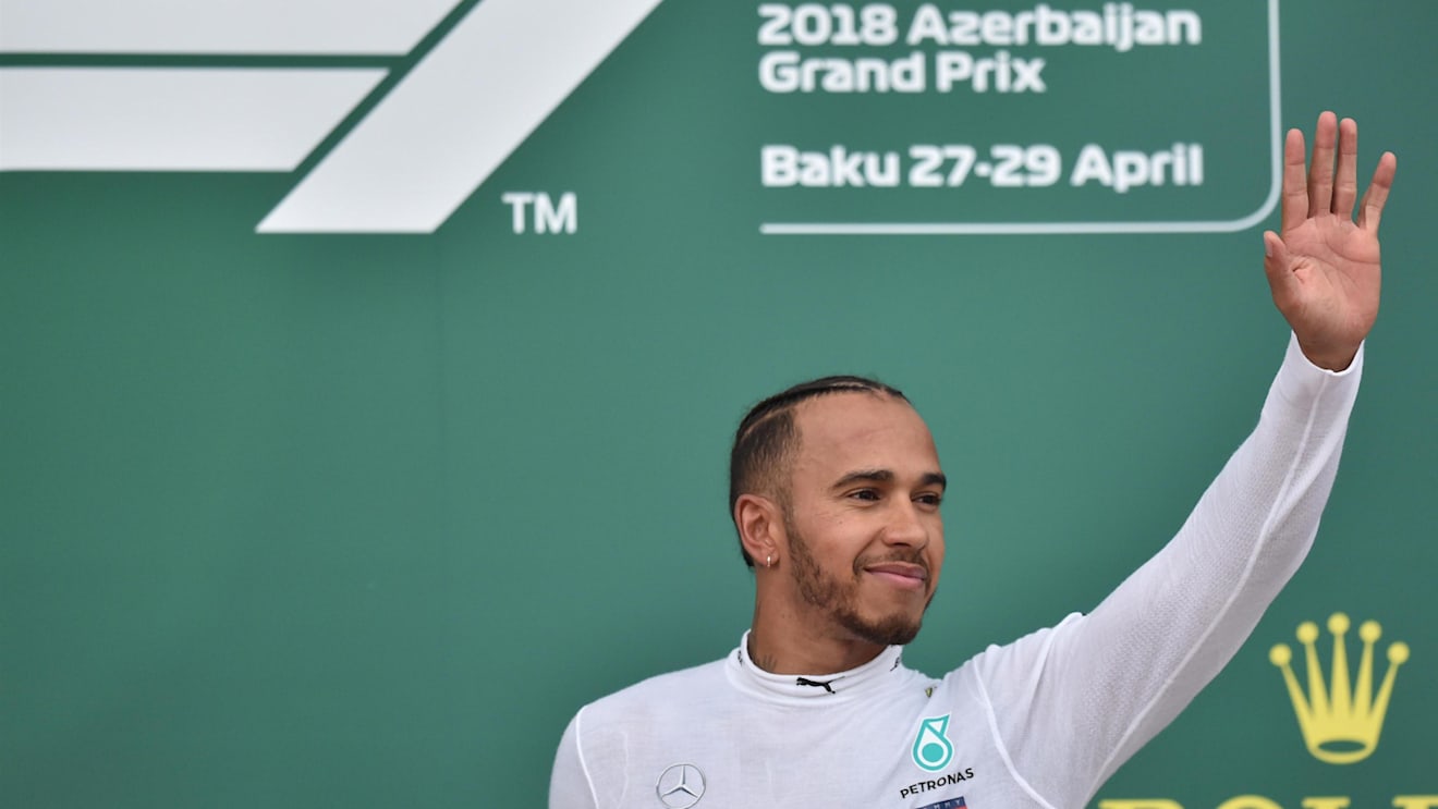 Race winner Lewis Hamilton (GBR) Mercedes-AMG F1 on the podium at Formula One World Championship, Rd4, Azerbaijan Grand Prix, Race, Baku City Circuit, Baku, Azerbaijan, Sunday 29 April 2018. © Simon Galloway/Sutton Images