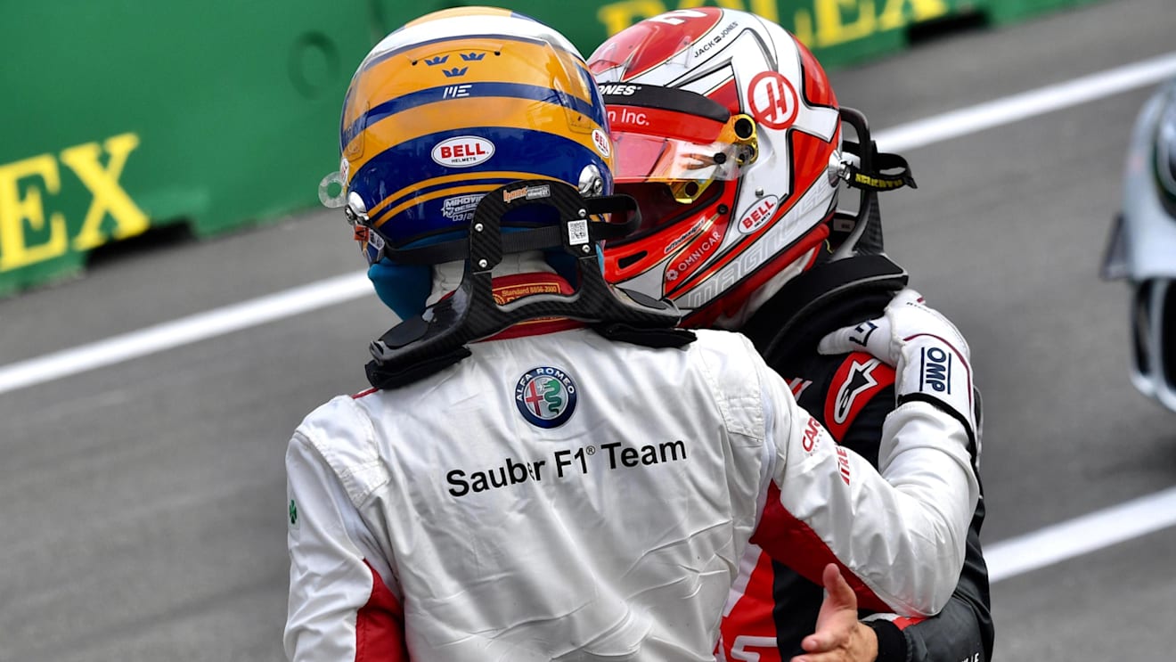 Marcus Ericsson (SWE) Alfa Romeo Sauber F1 Team and Kevin Magnussen (DEN) Haas F1 in parc ferme at Formula One World Championship, Rd4, Azerbaijan Grand Prix, Race, Baku City Circuit, Baku, Azerbaijan, Sunday 29 April 2018. © Jerry Andre/Sutton Images