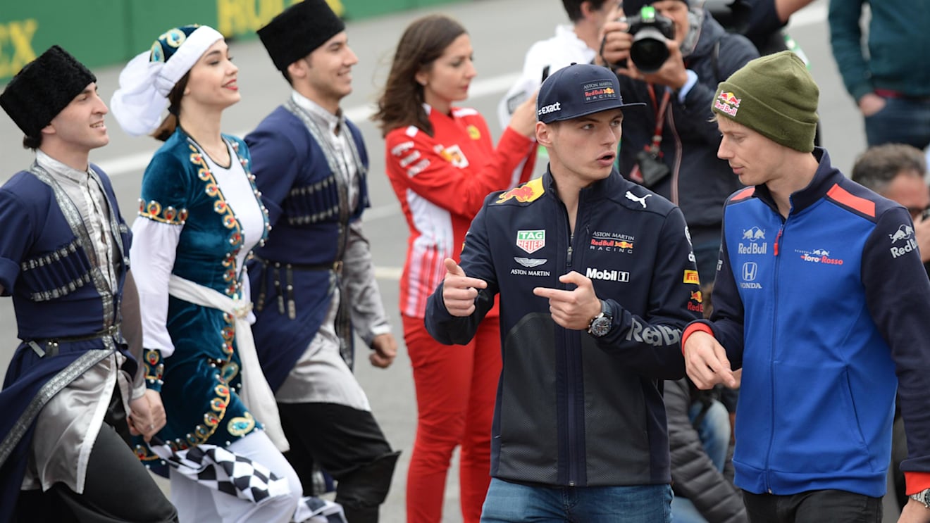 Max Verstappen (NED) Red Bull Racing and Brendon Hartley (NZL) Scuderia Toro Rosso on the drivers parade at Formula One World Championship, Rd4, Azerbaijan Grand Prix, Race, Baku City Circuit, Baku, Azerbaijan, Sunday 29 April 2018. © Simon Galloway/Sutto