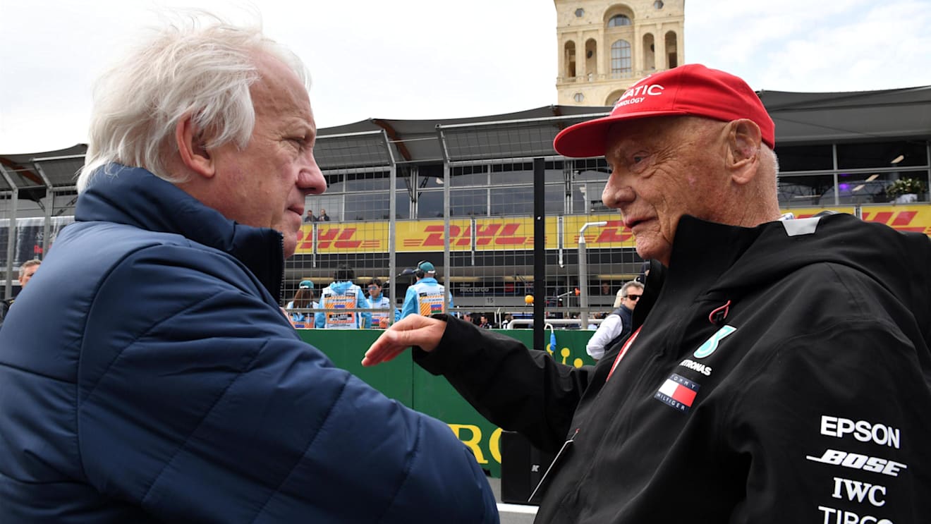 Charlie Whiting (GBR) FIA Delegate and Niki Lauda (AUT) Mercedes AMG F1 Non-Executive Chairman on the grid at Formula One World Championship, Rd4, Azerbaijan Grand Prix, Race, Baku City Circuit, Baku, Azerbaijan, Sunday 29 April 2018. © Mark Sutton/Sutton Images