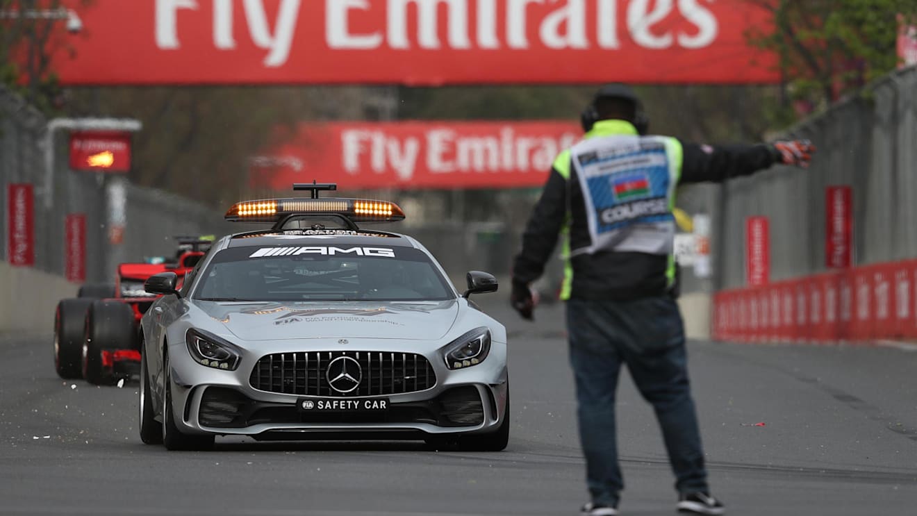 Safety car leads the field and marshal at Formula One World Championship, Rd4, Azerbaijan Grand Prix, Race, Baku City Circuit, Baku, Azerbaijan, Sunday 29 April 2018. © James Gasperotti/Sutton Images