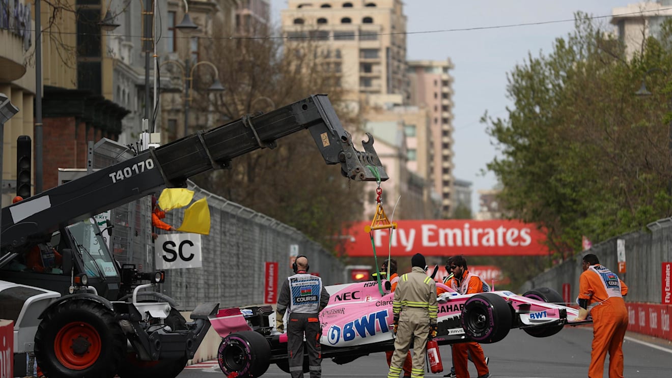 The car of race retiree Esteban Ocon (FRA) Force India VJM11 is recovered at Formula One World Championship, Rd4, Azerbaijan Grand Prix, Race, Baku City Circuit, Baku, Azerbaijan, Sunday 29 April 2018. © Jerry Andre/Sutton Images
