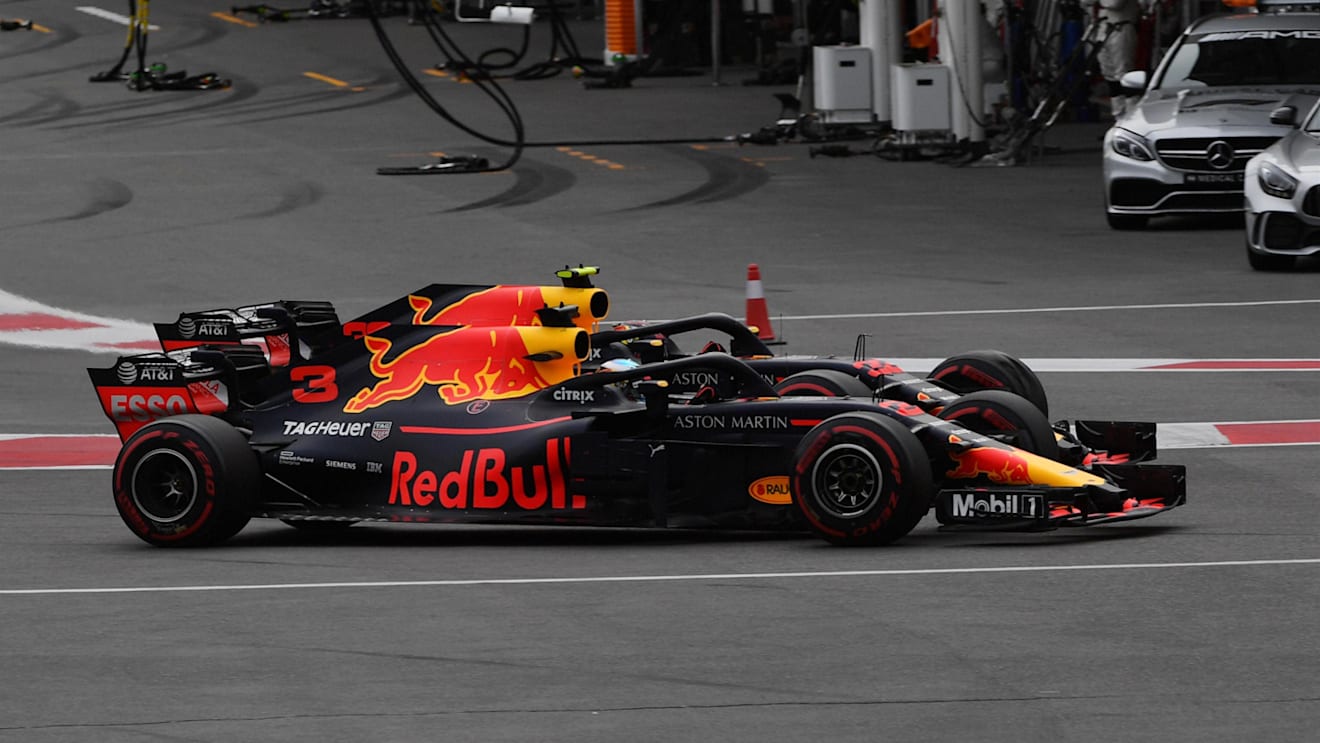Daniel Ricciardo (AUS) Red Bull Racing RB14 and Max Verstappen (NED) Red Bull Racing RB14 battle at Formula One World Championship, Rd4, Azerbaijan Grand Prix, Race, Baku City Circuit, Baku, Azerbaijan, Sunday 29 April 2018. © Mark Sutton/Sutton Images