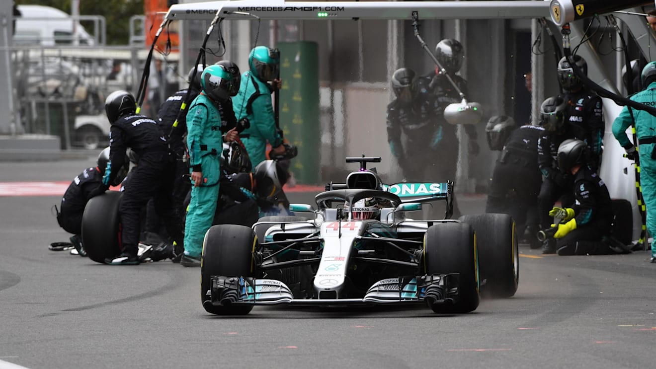 Lewis Hamilton (GBR) Mercedes-AMG F1 W09 EQ Power+ pit stop at Formula One World Championship, Rd4, Azerbaijan Grand Prix, Race, Baku City Circuit, Baku, Azerbaijan, Sunday 29 April 2018. © Mark Sutton/Sutton Images