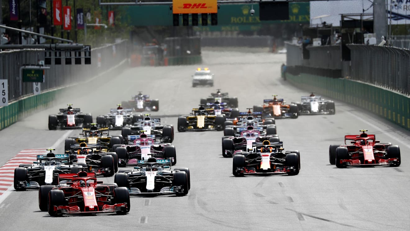 Sebastian Vettel (GER) Ferrari SF-71H leads at the start of the race at Formula One World Championship, Rd4, Azerbaijan Grand Prix, Race, Baku City Circuit, Baku, Azerbaijan, Sunday 29 April 2018. © Glenn Dunbar/LAT/Sutton Images