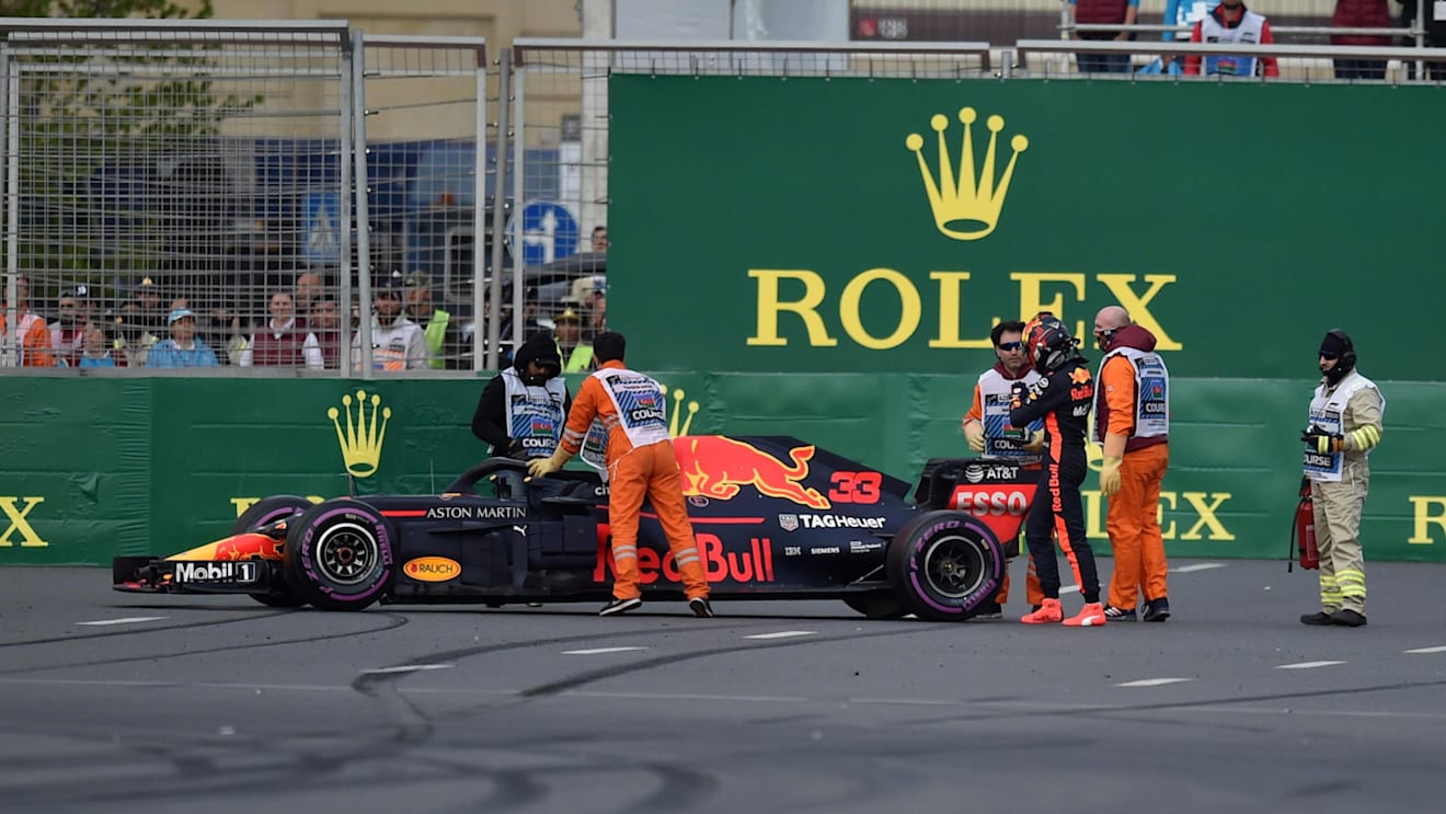The crashed car of Max Verstappen (NED) Red Bull Racing RB14 at Formula One World Championship, Rd4, Azerbaijan Grand Prix, Race, Baku City Circuit, Baku, Azerbaijan, Sunday 29 April 2018. © Simon Galloway/Sutton Images
