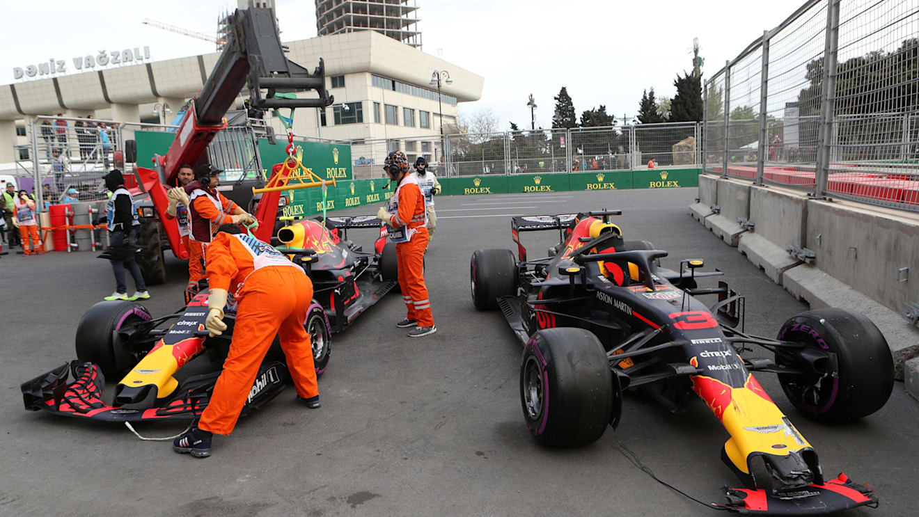 The crashed cars of Max Verstappen (NED) Red Bull Racing RB14 and Daniel Ricciardo (AUS) Red Bull Racing RB14 at Formula One World Championship, Rd4, Azerbaijan Grand Prix, Race, Baku City Circuit, Baku, Azerbaijan, Sunday 29 April 2018. © James Gasperotti/Sutton Images