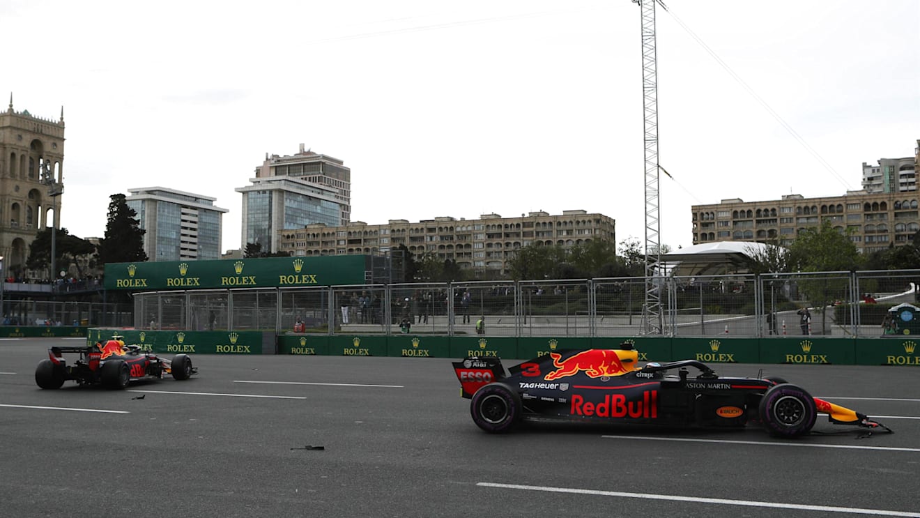 The crashed cars of Max Verstappen (NED) Red Bull Racing RB14 and Daniel Ricciardo (AUS) Red Bull Racing RB14 at Formula One World Championship, Rd4, Azerbaijan Grand Prix, Race, Baku City Circuit, Baku, Azerbaijan, Sunday 29 April 2018. © James Gasperott