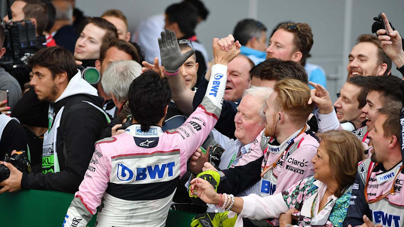 Sergio Perez (MEX) Force India celebrates in parc ferme at Formula One World Championship, Rd4, Azerbaijan Grand Prix, Race, Baku City Circuit, Baku, Azerbaijan, Sunday 29 April 2018. © Mark Sutton/Sutton Images