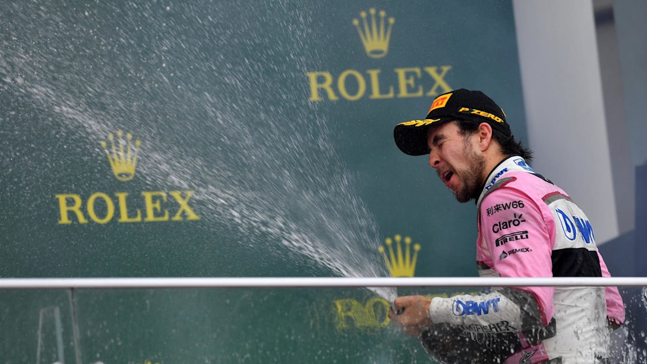 Sergio Perez (MEX) Force India celebrates on the podium with the champagne at Formula One World Championship, Rd4, Azerbaijan Grand Prix, Race, Baku City Circuit, Baku, Azerbaijan, Sunday 29 April 2018. © Jerry Andre/Sutton Images