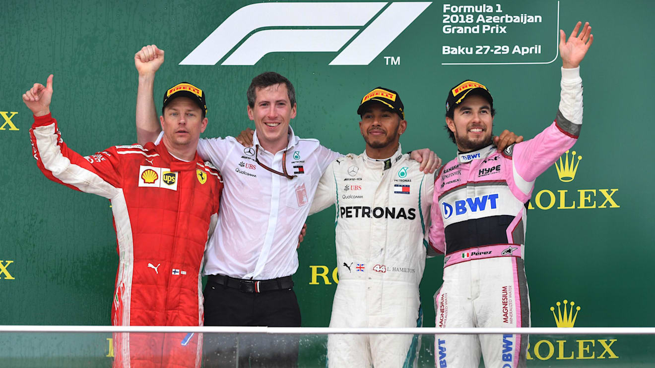 Kimi Raikkonen (FIN) Ferrari, Lewis Hamilton (GBR) Mercedes-AMG F1 and Sergio Perez (MEX) Force India celebrate on the podium at Formula One World Championship, Rd4, Azerbaijan Grand Prix, Race, Baku City Circuit, Baku, Azerbaijan, Sunday 29 April 2018. © Mark Sutton/Sutton Images