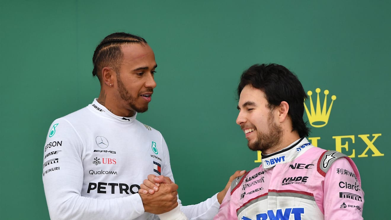 Lewis Hamilton (GBR) Mercedes-AMG F1 and Sergio Perez (MEX) Force India celebrate on the podium at Formula One World Championship, Rd4, Azerbaijan Grand Prix, Race, Baku City Circuit, Baku, Azerbaijan, Sunday 29 April 2018. © Mark Sutton/Sutton Images