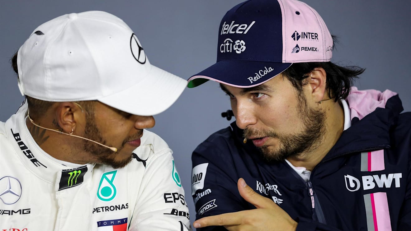 Lewis Hamilton (GBR) Mercedes-AMG F1 and Sergio Perez (MEX) Force India in the Press Conference at Formula One World Championship, Rd4, Azerbaijan Grand Prix, Race, Baku City Circuit, Baku, Azerbaijan, Sunday 29 April 2018. © James Gasperotti/Sutton Image