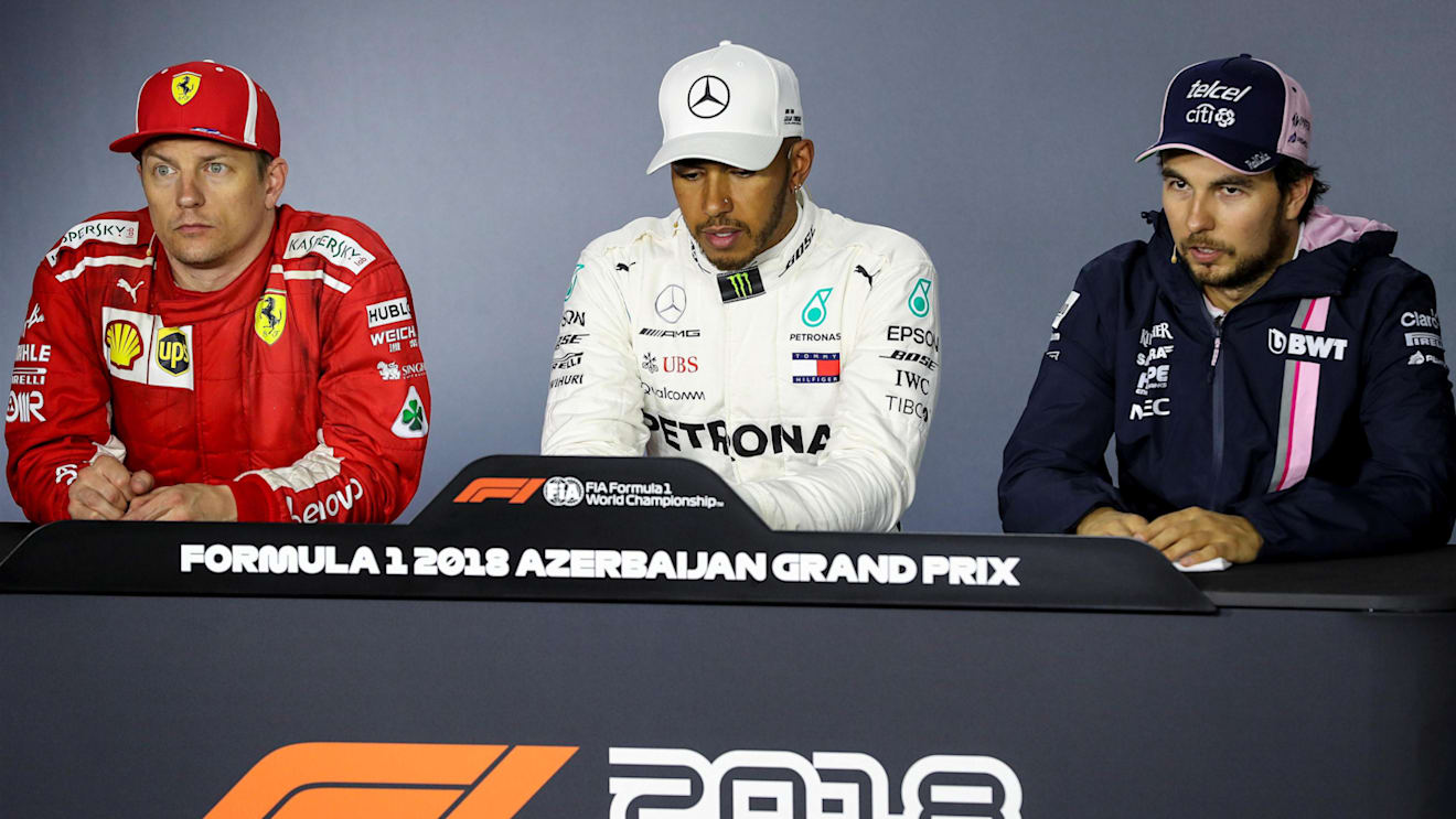 Kimi Raikkonen (FIN) Ferrari, Lewis Hamilton (GBR) Mercedes-AMG F1 and Sergio Perez (MEX) Force India at F1 World Championship, Rd4, Azerbaijan Grand Prix, Race, Baku City Circuit, Baku, Azerbaijan, Sunday 29 April 2018. © James Gasperotti/Sutton Images