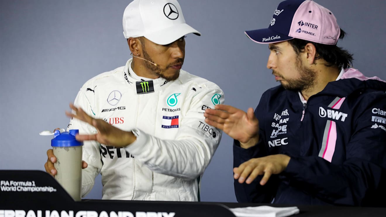 Lewis Hamilton (GBR) Mercedes-AMG F1 and Sergio Perez (MEX) Force India in the Press Conference at Formula One World Championship, Rd4, Azerbaijan Grand Prix, Race, Baku City Circuit, Baku, Azerbaijan, Sunday 29 April 2018. © James Gasperotti/Sutton Images