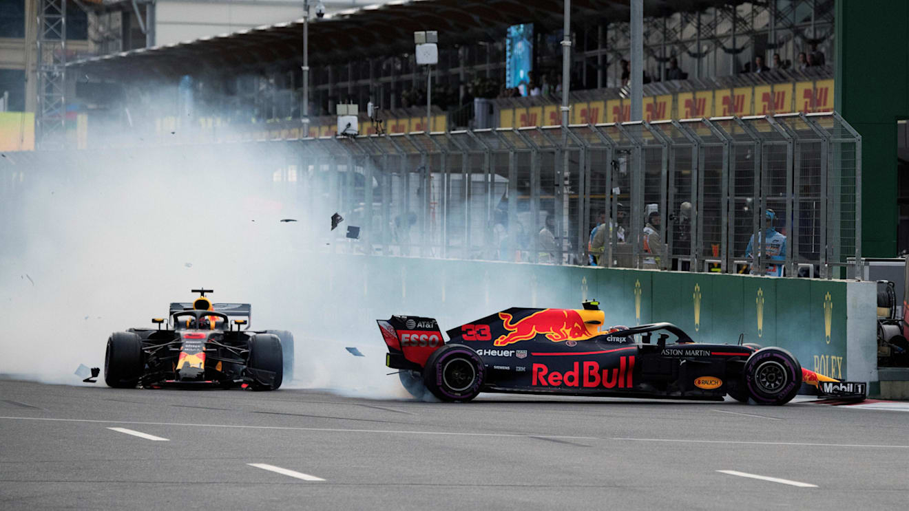 Max Verstappen (NED) Red Bull Racing RB14 and Daniel Ricciardo (AUS) Red Bull Racing RB14 crash at Formula One World Championship, Rd4, Azerbaijan Grand Prix, Race, Baku City Circuit, Baku, Azerbaijan, Sunday 29 April 2018. © Potts/Sutton Images