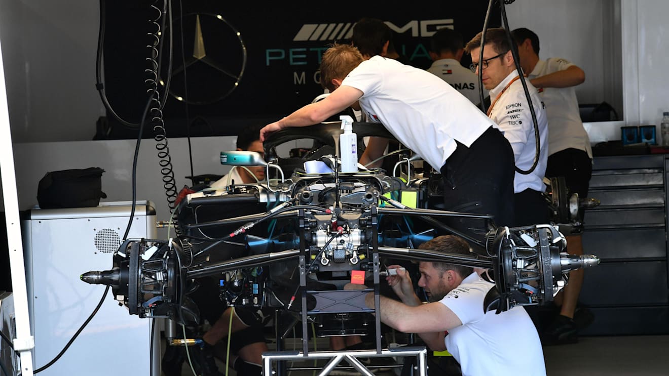 Mercedes-AMG F1 W09 EQ Power+ is worked on in the garage at Formula One World Championship, Rd4, Azerbaijan Grand Prix, Preparations, Baku City Circuit, Baku, Azerbaijan, Thursday 26 April 2018. © Mark Sutton/Sutton Images