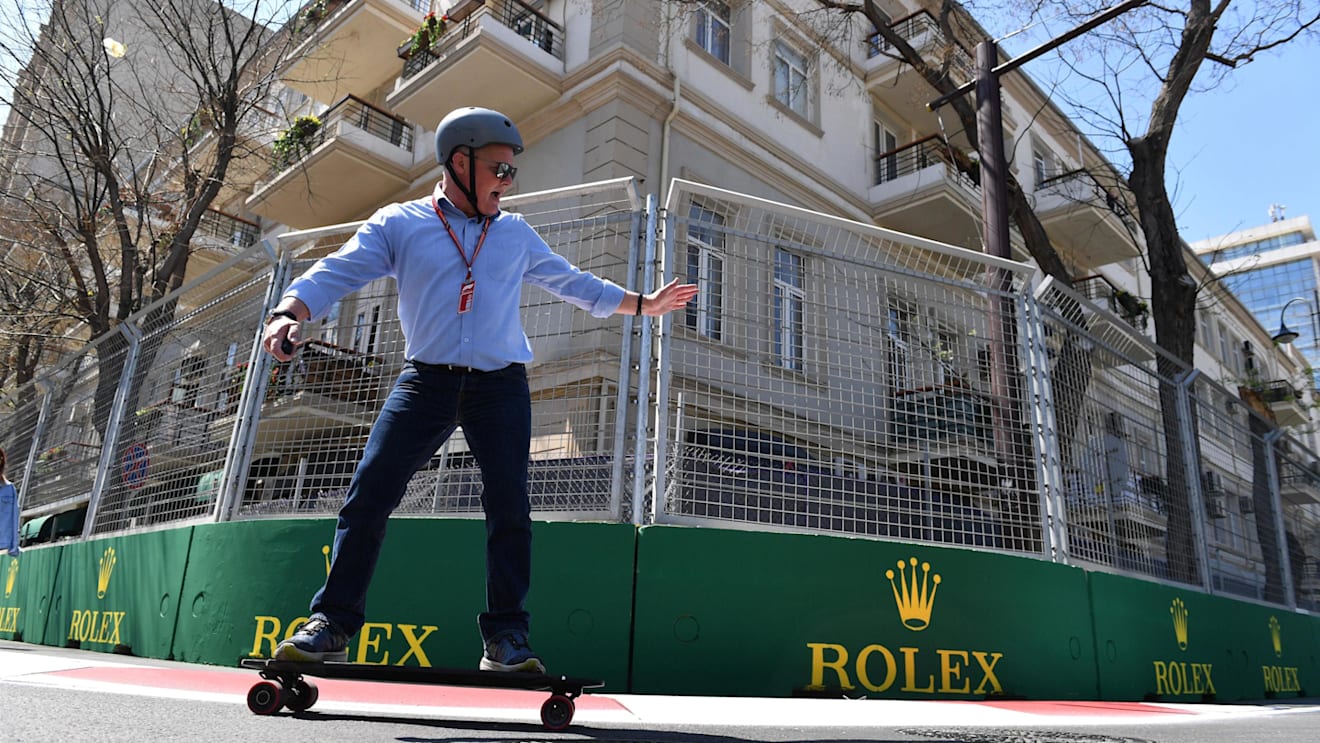 Johnny Herbert (GBR) Sky TV on a skateboard at Formula One World Championship, Rd4, Azerbaijan Grand Prix, Preparations, Baku City Circuit, Baku, Azerbaijan, Thursday 26 April 2018. © Mark Sutton/Sutton Images