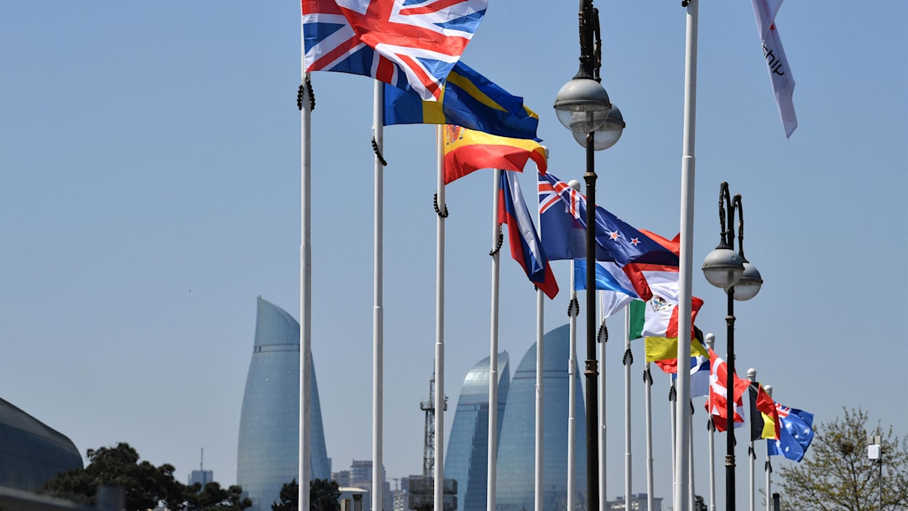 Flags at Formula One World Championship, Rd4, Azerbaijan Grand Prix, Preparations, Baku City Circuit, Baku, Azerbaijan, Thursday 26 April 2018. © Mark Sutton/Sutton Images