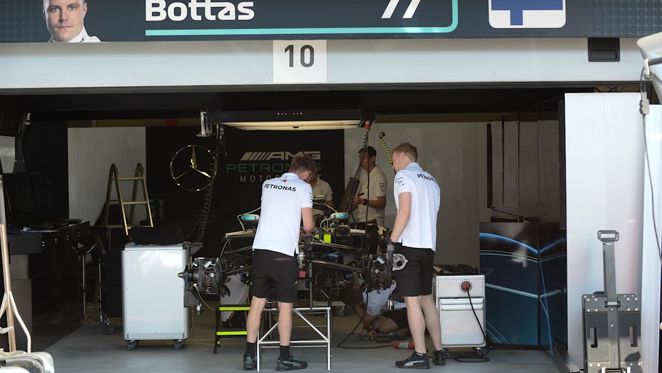 The car of Valtteri Bottas (FIN) Mercedes-AMG F1 W09 EQ Power+ in the garage at Formula One World Championship, Rd4, Azerbaijan Grand Prix, Preparations, Baku City Circuit, Baku, Azerbaijan, Thursday 26 April 2018. © Simon Galloway/Sutton Images