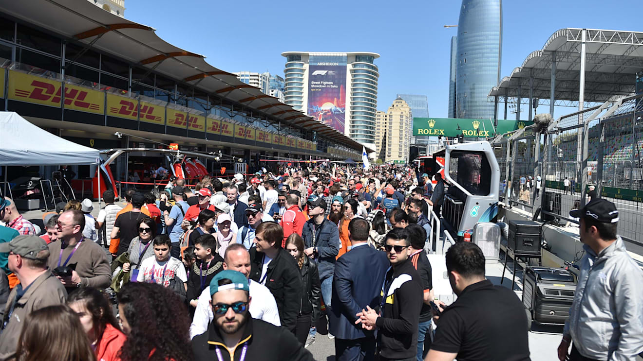 Fans in pit lane at Formula One World Championship, Rd4, Azerbaijan Grand Prix, Preparations, Baku City Circuit, Baku, Azerbaijan, Thursday 26 April 2018. © Simon Galloway/Sutton Images