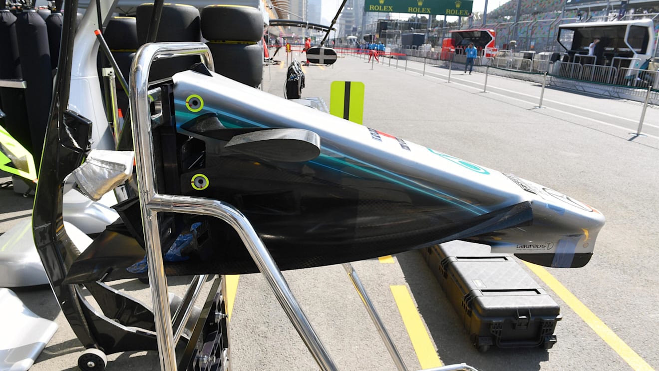 Mercedes-AMG F1 W09 EQ Power+ nose detail at Formula One World Championship, Rd4, Azerbaijan Grand Prix, Preparations, Baku City Circuit, Baku, Azerbaijan, Thursday 26 April 2018. © Mark Sutton/Sutton Images