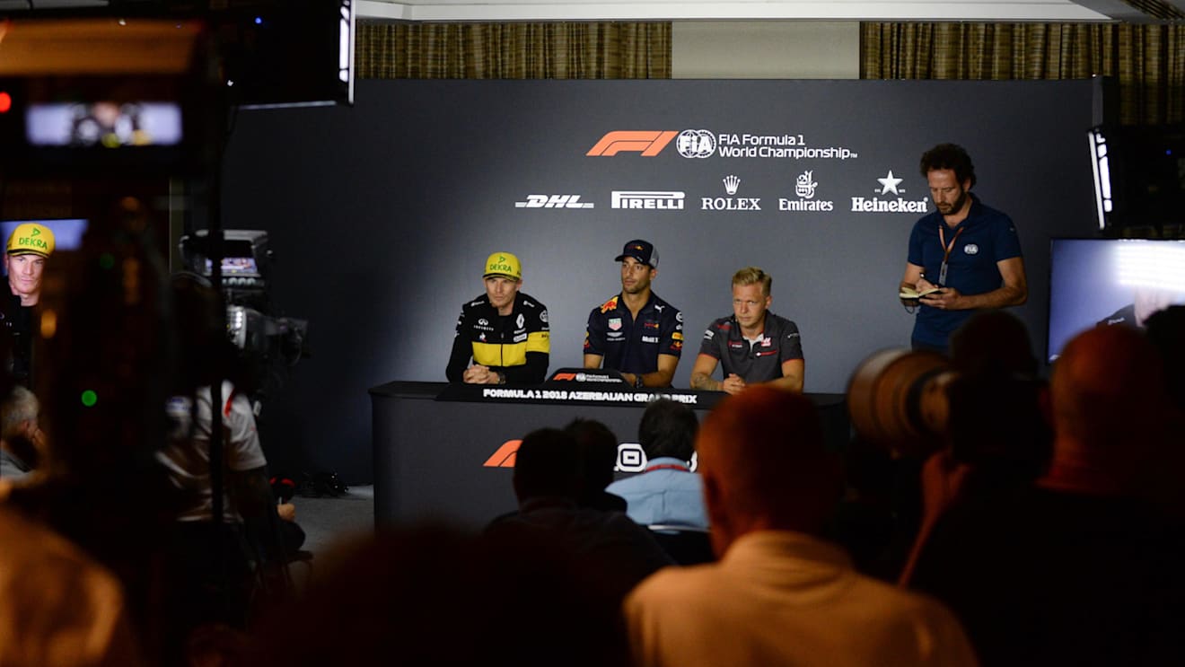 Nico Hulkenberg (GER) Renault Sport F1 Team, Daniel Ricciardo (AUS) Red Bull Racing and Kevin Magnussen (DEN) Haas F1 in the Press Conference at Formula One World Championship, Rd4, Azerbaijan Grand Prix, Preparations, Baku City Circuit, Baku, Azerbaijan, Thursday 26 April 2018. © Simon Galloway/Sutton Images