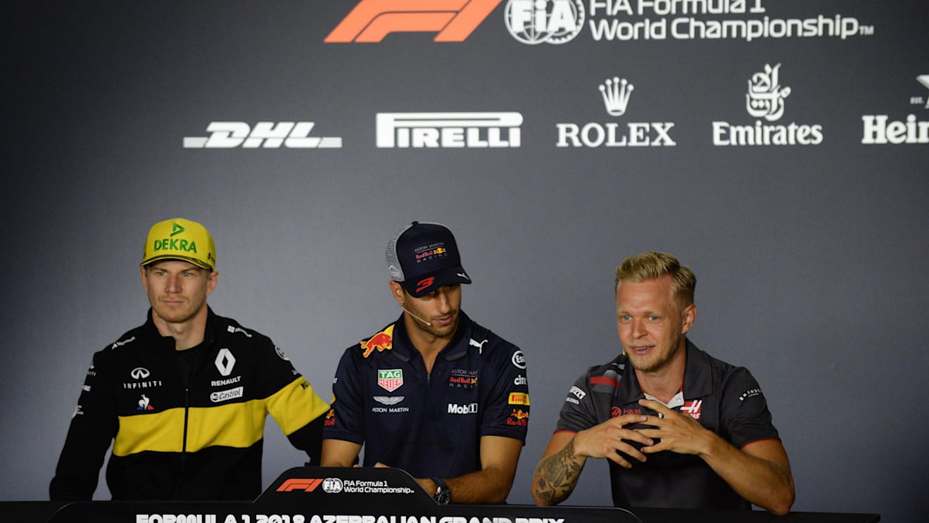 Nico Hulkenberg (GER) Renault Sport F1 Team, Daniel Ricciardo (AUS) Red Bull Racing and Kevin Magnussen (DEN) Haas F1 in the Press Conference at Formula One World Championship, Rd4, Azerbaijan Grand Prix, Preparations, Baku City Circuit, Baku, Azerbaijan, Thursday 26 April 2018. © Simon Galloway/Sutton Images