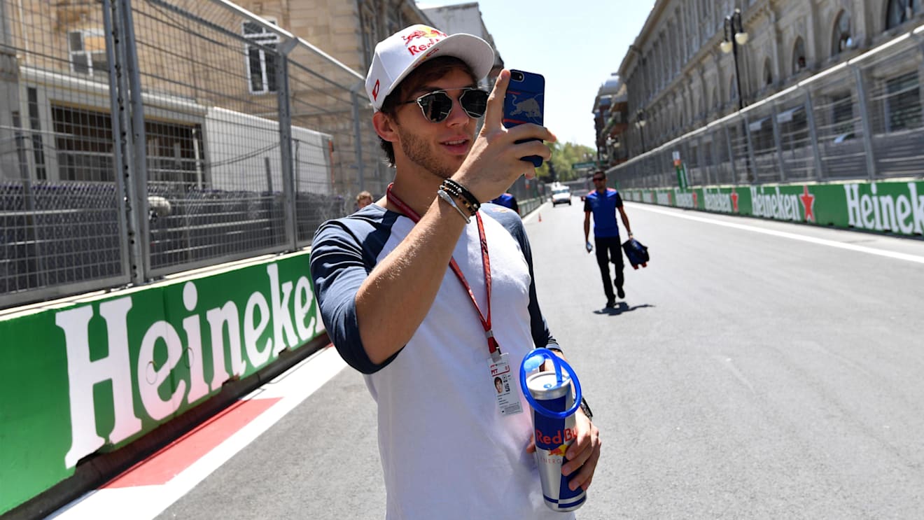 Pierre Gasly (FRA) Scuderia Toro Rosso takes a photo on the track walk at Formula One World Championship, Rd4, Azerbaijan Grand Prix, Preparations, Baku City Circuit, Baku, Azerbaijan, Thursday 26 April 2018. © Jerry Andre/Sutton Images
