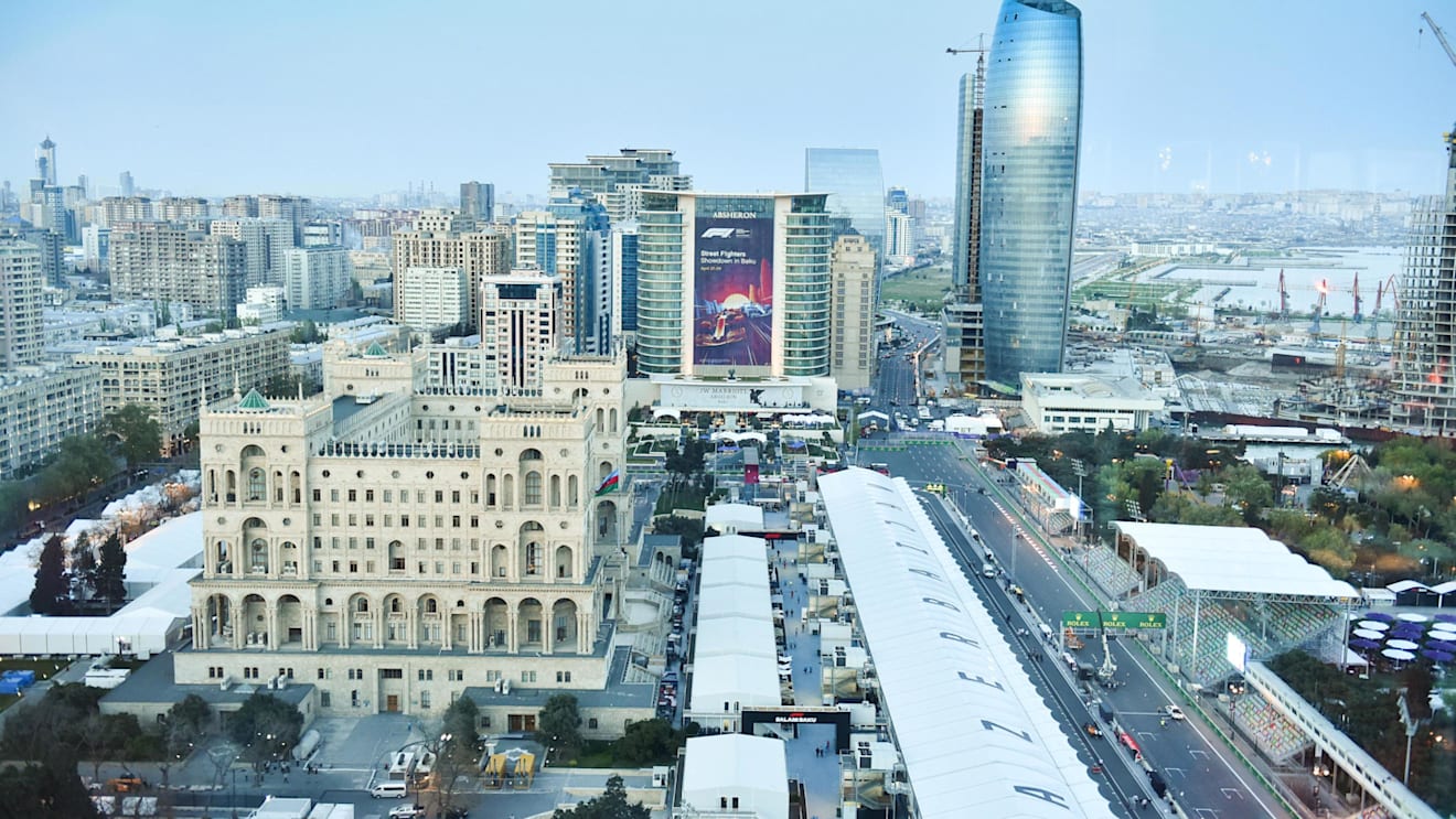 Aerial view from 360 Bar Hilton at Formula One World Championship, Rd4, Azerbaijan Grand Prix, Preparations, Baku City Circuit, Baku, Azerbaijan, Thursday 26 April 2018. © Simon Galloway/Sutton Images
