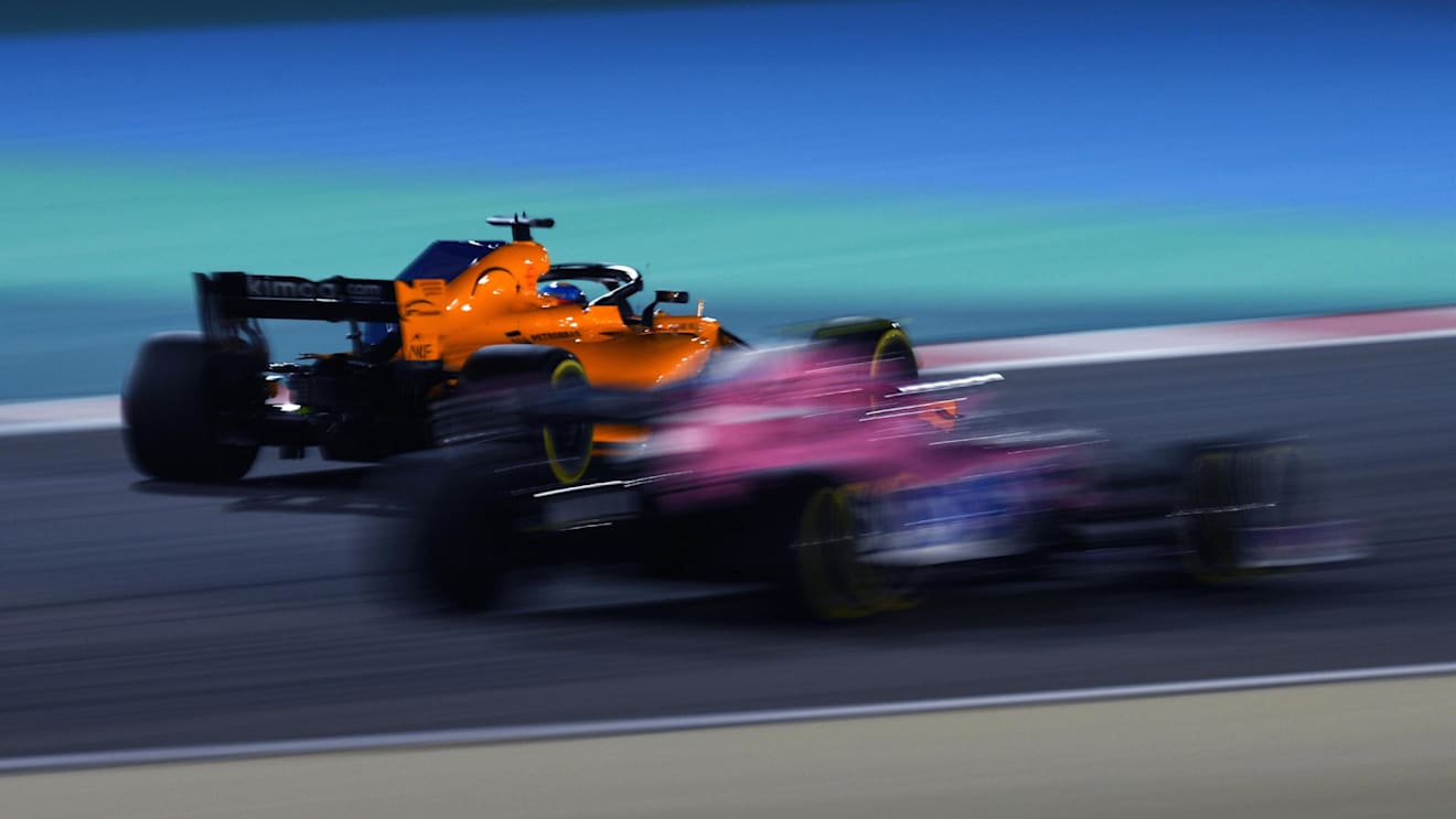 Fernando Alonso (ESP) McLaren MCL33 and Sergio Perez (MEX) Force India VJM11 at Formula One World Championship, Rd2, Bahrain Grand Prix, Practice, Bahrain International Circuit, Sakhir, Bahrain, Friday 6 April 2018. © Mark Sutton/Sutton Images