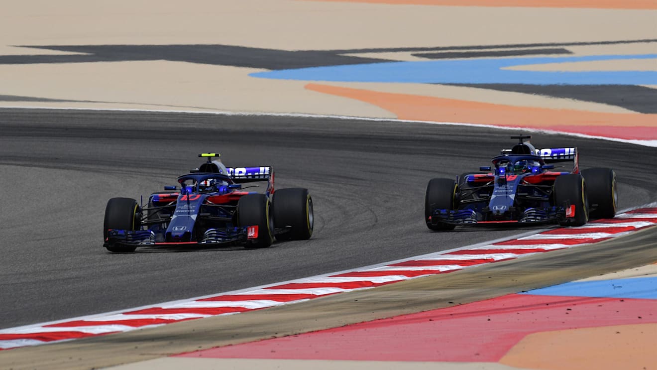 Pierre Gasly (FRA) Scuderia Toro Rosso STR13 and Brendon Hartley (NZL) Scuderia Toro Rosso STR13 at Formula One World Championship, Rd2, Bahrain Grand Prix, Practice, Bahrain International Circuit, Sakhir, Bahrain, Friday 6 April 2018. © Jerry Andre/Sutton Images