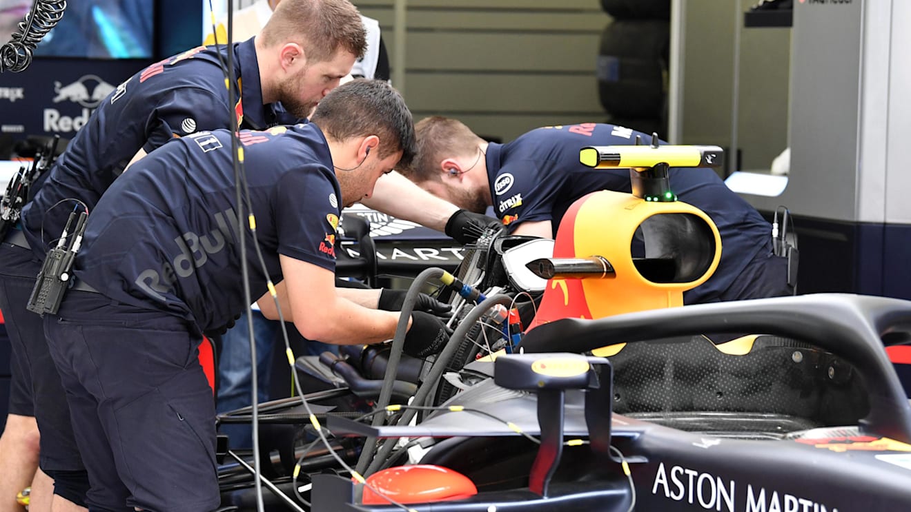 Red Bull Racing RB14 is worked on in the garage at Formula One World Championship, Rd2, Bahrain Grand Prix, Practice, Bahrain International Circuit, Sakhir, Bahrain, Friday 6 April 2018. © Mark Sutton/Sutton Images