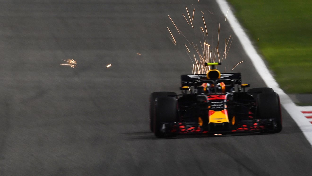 Max Verstappen (NED) Red Bull Racing RB14 sparks at Formula One World Championship, Rd2, Bahrain Grand Prix, Qualifying, Bahrain International Circuit, Sakhir, Bahrain, Saturday 7 April 2018. © Jerry Andre/Sutton Images