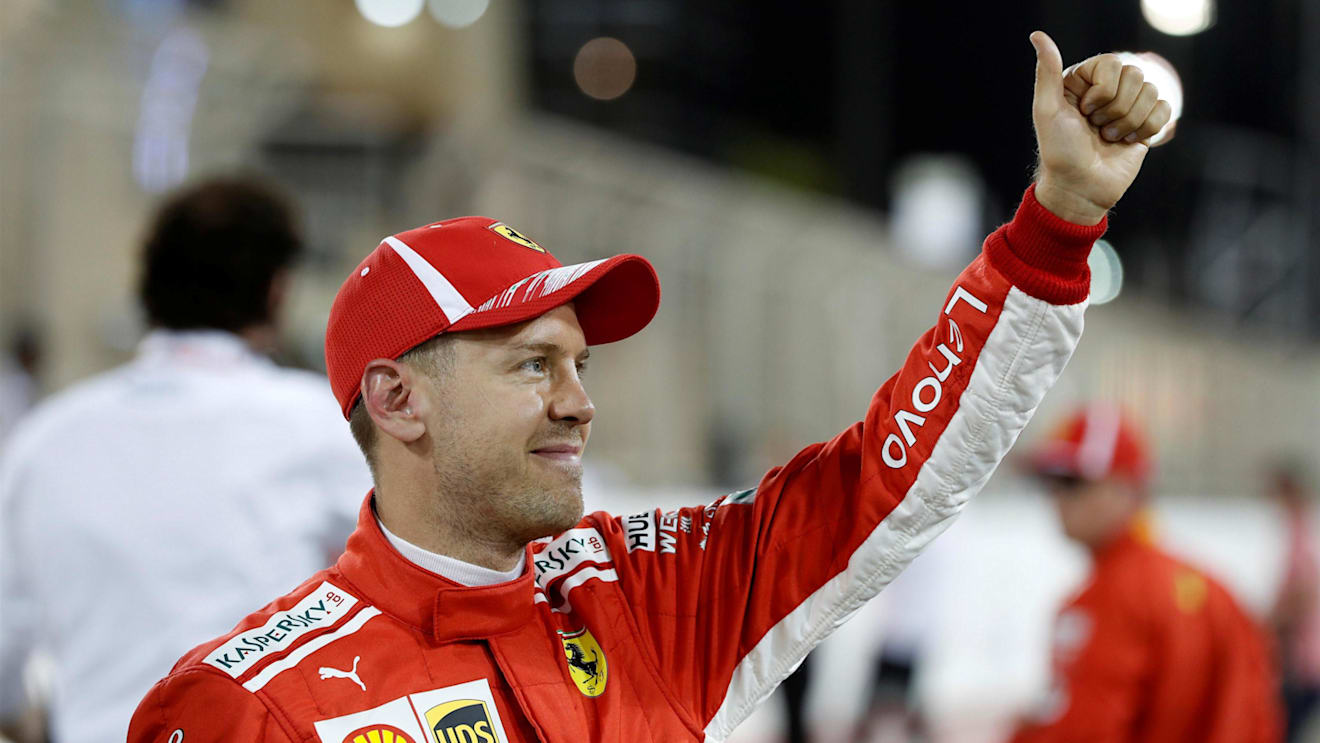 Pole sitter Sebastian Vettel (GER) Ferrari celebrates in parc ferme at Formula One World Championship, Rd2, Bahrain Grand Prix, Qualifying, Bahrain International Circuit, Sakhir, Bahrain, Saturday 7 April 2018. © Steven Tee/LAT/Sutton Images