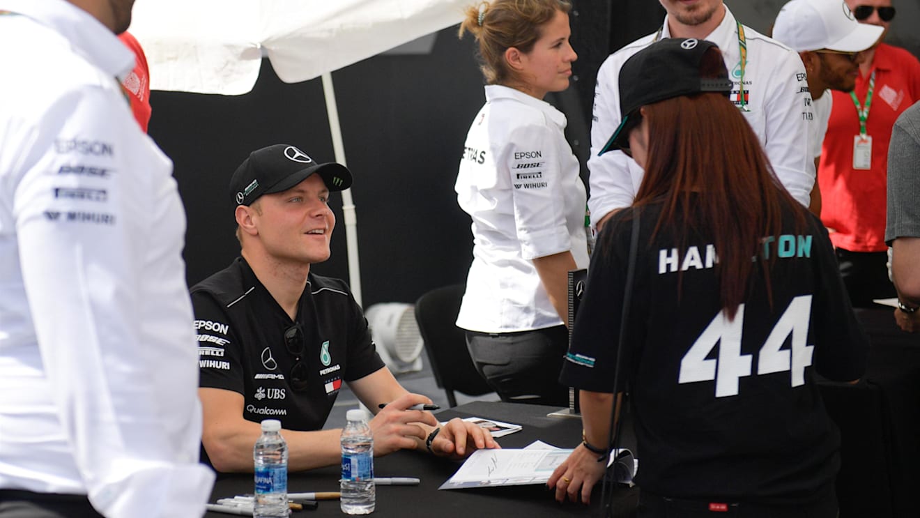Valtteri Bottas (FIN) Mercedes-AMG F1 at the autograph session at Formula One World Championship, Rd2, Bahrain Grand Prix, Qualifying, Bahrain International Circuit, Sakhir, Bahrain, Saturday 7 April 2018. © Simon Galloway/Sutton Images
