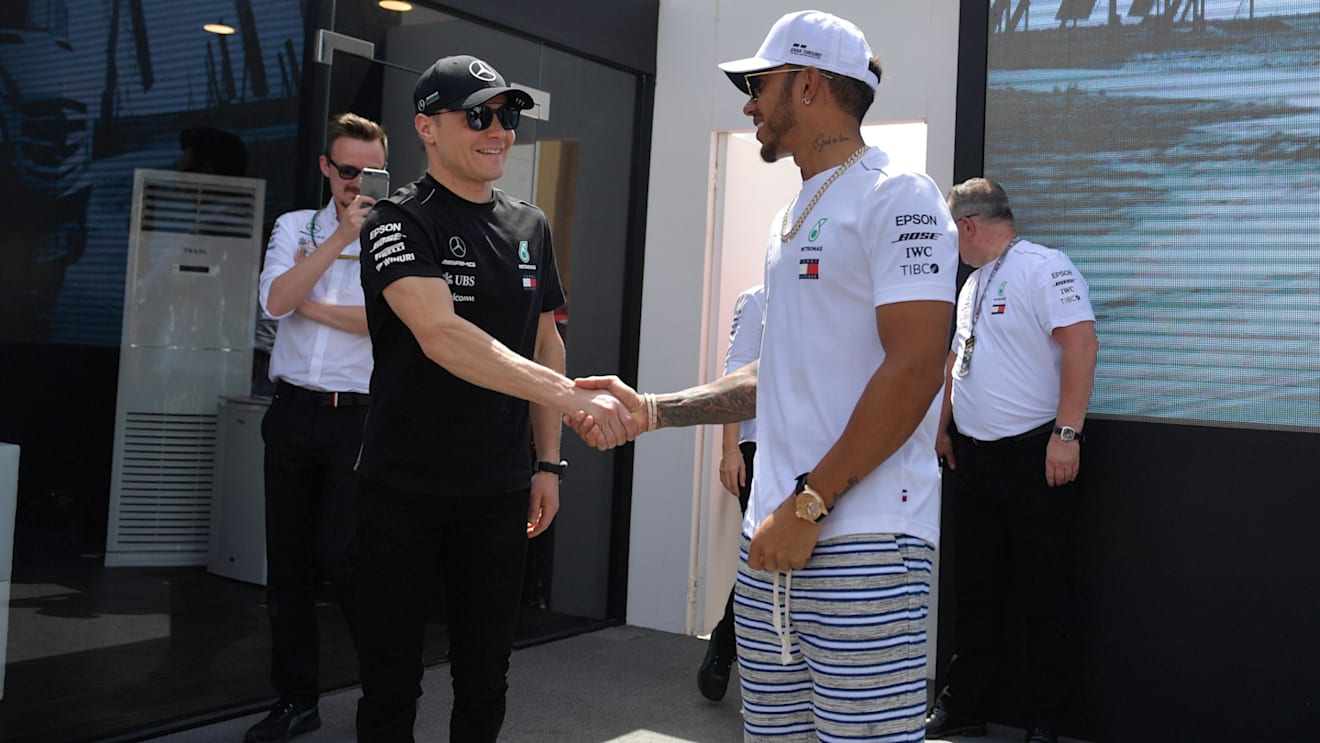 Valtteri Bottas (FIN) Mercedes-AMG F1 and Lewis Hamilton (GBR) Mercedes-AMG F1 at Formula One World Championship, Rd2, Bahrain Grand Prix, Qualifying, Bahrain International Circuit, Sakhir, Bahrain, Saturday 7 April 2018. © Simon Galloway/Sutton Images