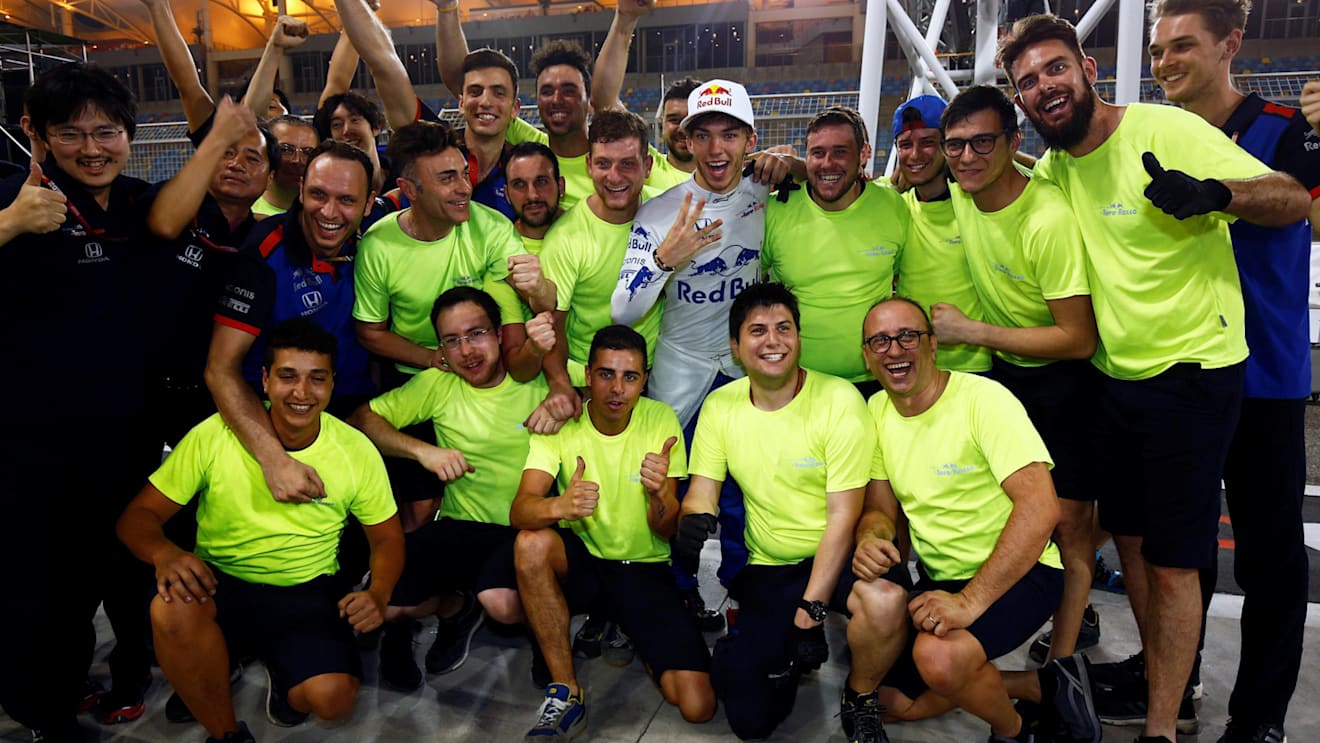 Pierre Gasly (FRA) Scuderia Toro Rosso celebrates fourth place with the team at Formula One World Championship, Rd2, Bahrain Grand Prix, Race, Bahrain International Circuit, Sakhir, Bahrain, Sunday 8 April 2018. © Andy Hone/LAT/Sutton Images