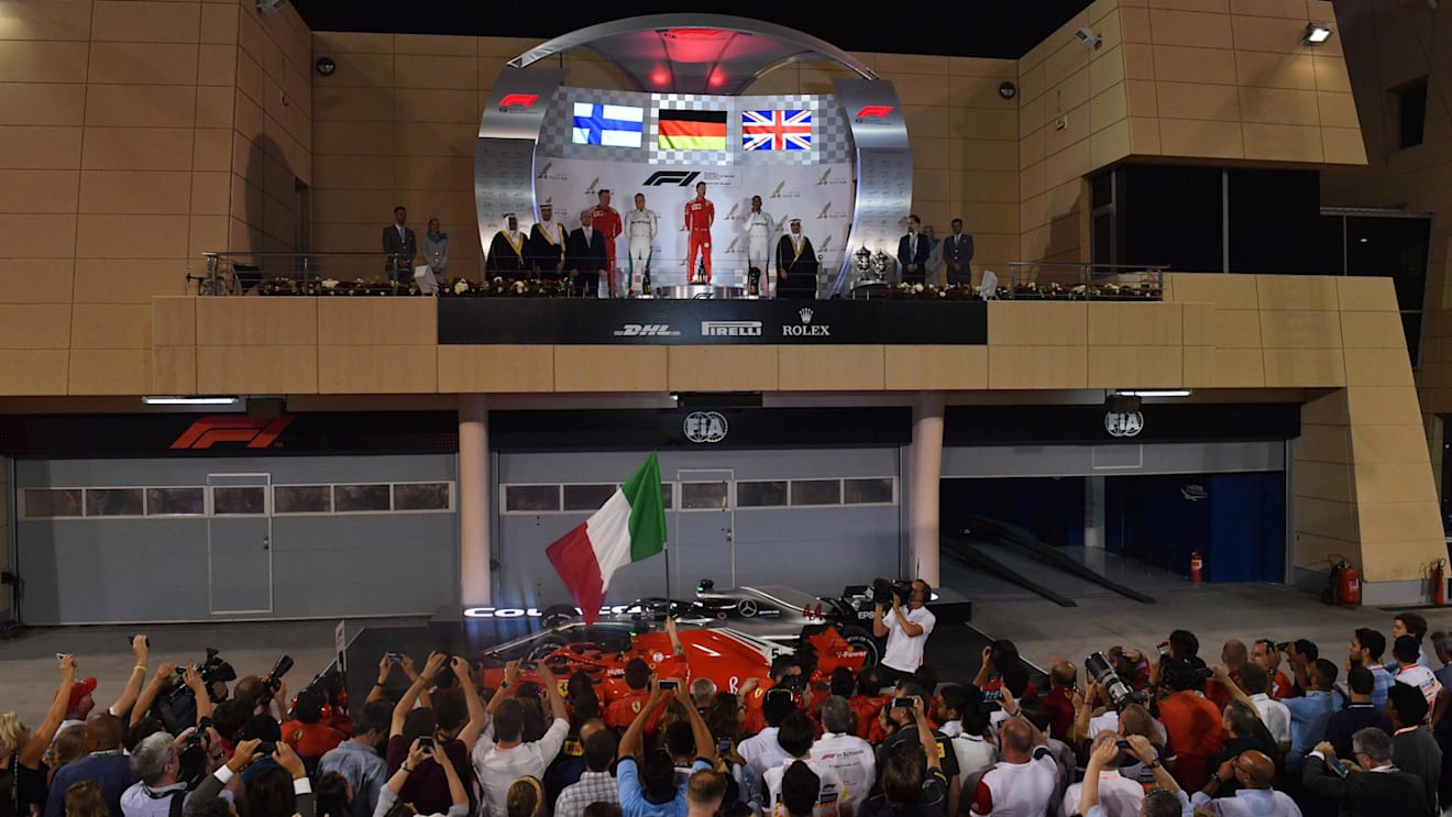 Podium celebrations at Formula One World Championship, Rd2, Bahrain Grand Prix, Race, Bahrain International Circuit, Sakhir, Bahrain, Sunday 8 April 2018. © Mark Sutton/Sutton Images