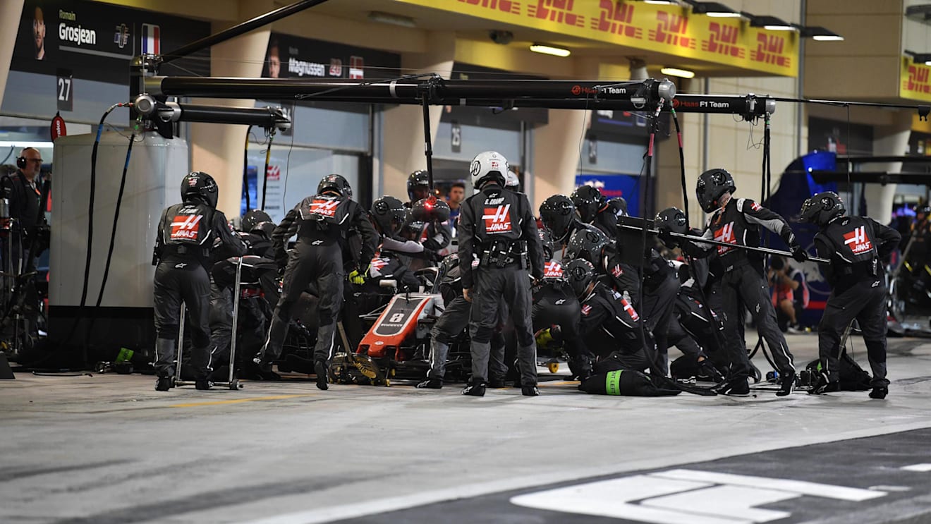 Romain Grosjean (FRA) Haas VF-18 pit stop at Formula One World Championship, Rd2, Bahrain Grand Prix, Race, Bahrain International Circuit, Sakhir, Bahrain, Sunday 8 April 2018. © Mark Sutton/Sutton Images