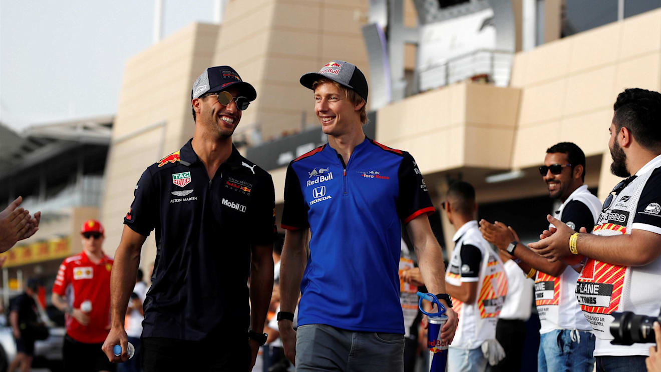 Daniel Ricciardo (AUS) Red Bull Racing and Brendon Hartley (NZL) Scuderia Toro Rosso on the drivers parade at Formula One World Championship, Rd2, Bahrain Grand Prix, Race, Bahrain International Circuit, Sakhir, Bahrain, Sunday 8 April 2018. © Manuel Goria/Sutton Images