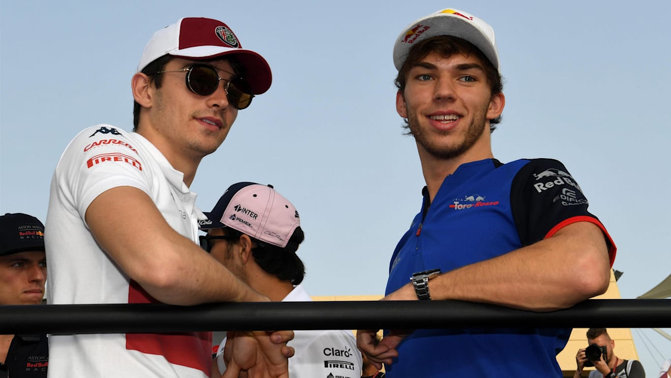 Charles Leclerc (MON) Alfa Romeo Sauber F1 Team and Pierre Gasly (FRA) Scuderia Toro Rosso on the drivers parade at Formula One World Championship, Rd2, Bahrain Grand Prix, Race, Bahrain International Circuit, Sakhir, Bahrain, Sunday 8 April 2018. © Mark Sutton/Sutton Images