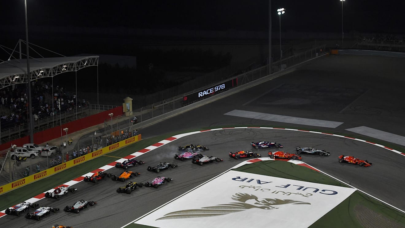 Sebastian Vettel (GER) Ferrari SF-71H leads at the start of the race at Formula One World Championship, Rd2, Bahrain Grand Prix, Race, Bahrain International Circuit, Sakhir, Bahrain, Sunday 8 April 2018. © Mark Sutton/Sutton Images