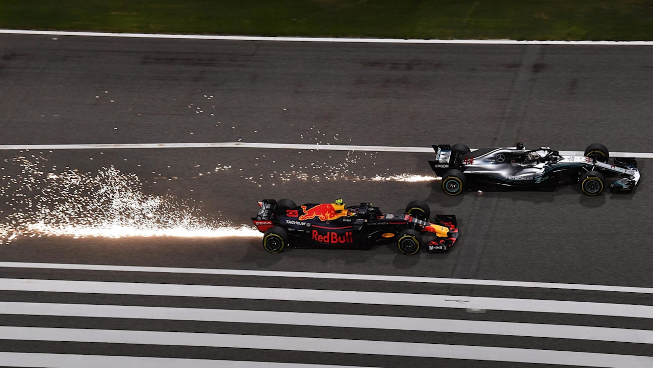 Lewis Hamilton (GBR) Mercedes-AMG F1 W09 EQ Power+ and Max Verstappen (NED) Red Bull Racing RB14 battle at Formula One World Championship, Rd2, Bahrain Grand Prix, Race, Bahrain International Circuit, Sakhir, Bahrain, Sunday 8 April 2018. © Mark Sutton/Su