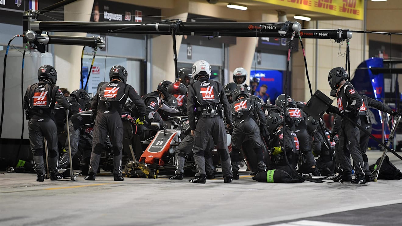 Romain Grosjean (FRA) Haas VF-18 pit stop at Formula One World Championship, Rd2, Bahrain Grand Prix, Race, Bahrain International Circuit, Sakhir, Bahrain, Sunday 8 April 2018. © Mark Sutton/Sutton Images