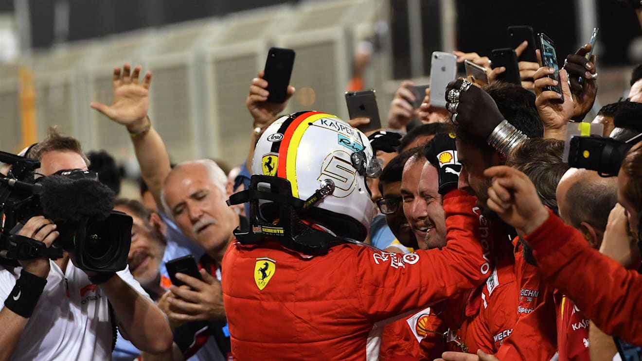 Race winner Sebastian Vettel (GER) Ferrari celebrates in parc ferme at Formula One World Championship, Rd2, Bahrain Grand Prix, Race, Bahrain International Circuit, Sakhir, Bahrain, Sunday 8 April 2018. © Jerry Andre/Sutton Images