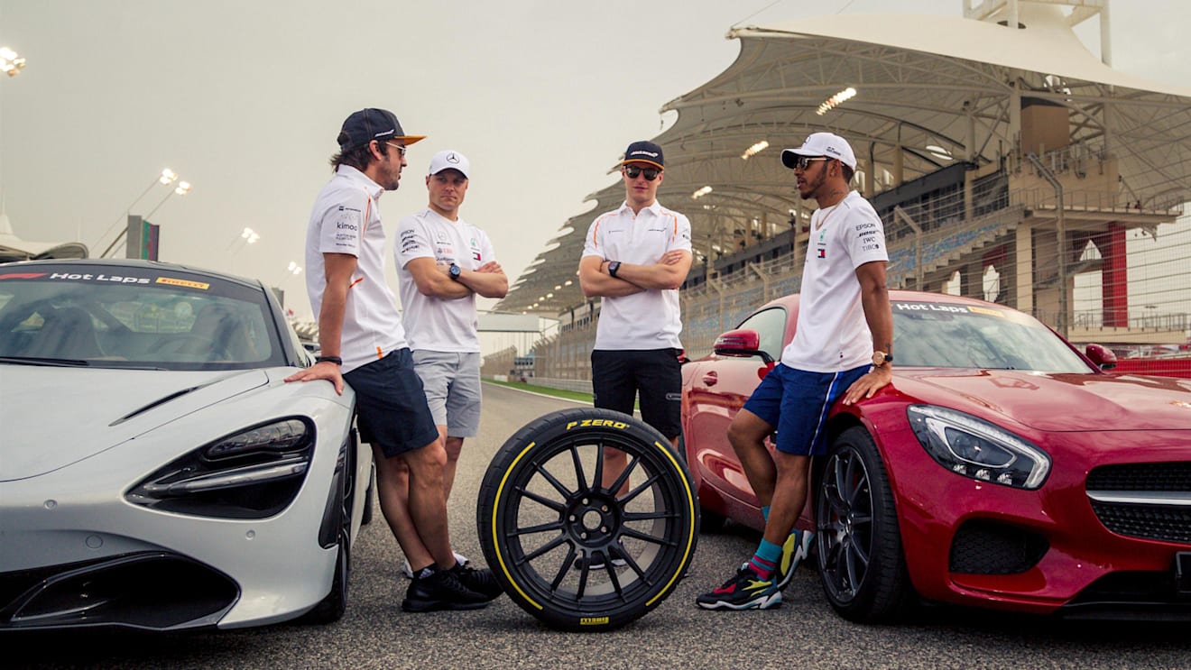 Alonso (ESP), Bottas (FIN), Hamilton (GBR) and Vandoorne (BEL) with Pirelli Hot Laps cars at F1 World Championship, Rd2, Bahrain Grand Prix, Preparations, Bahrain International Circuit, Sakhir, Bahrain, Thursday 5 April 2018. © Manuel Goria/Sutton Images
