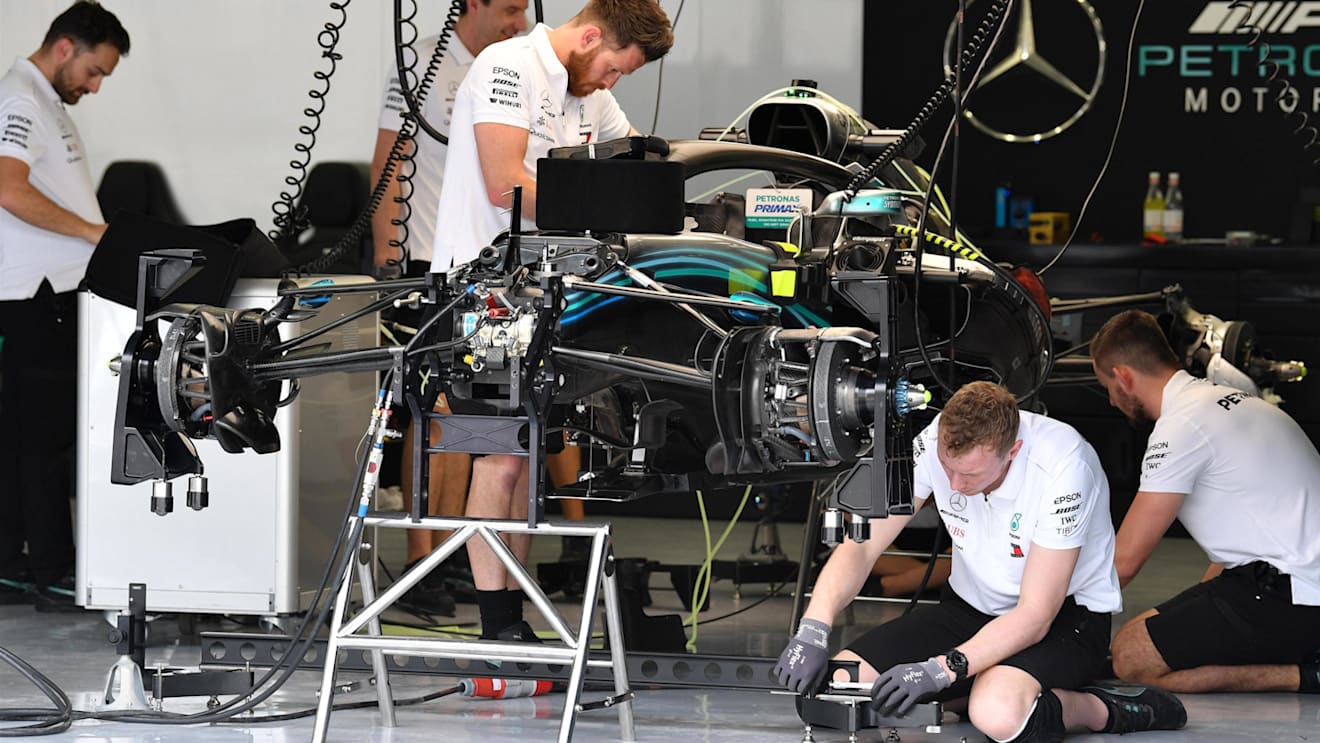 Mercedes-AMG F1 W09 EQ Power+ in the garage at Formula One World Championship, Rd2, Bahrain Grand Prix, Preparations, Bahrain International Circuit, Sakhir, Bahrain, Thursday 5 April 2018. © Mark Sutton/Sutton Images